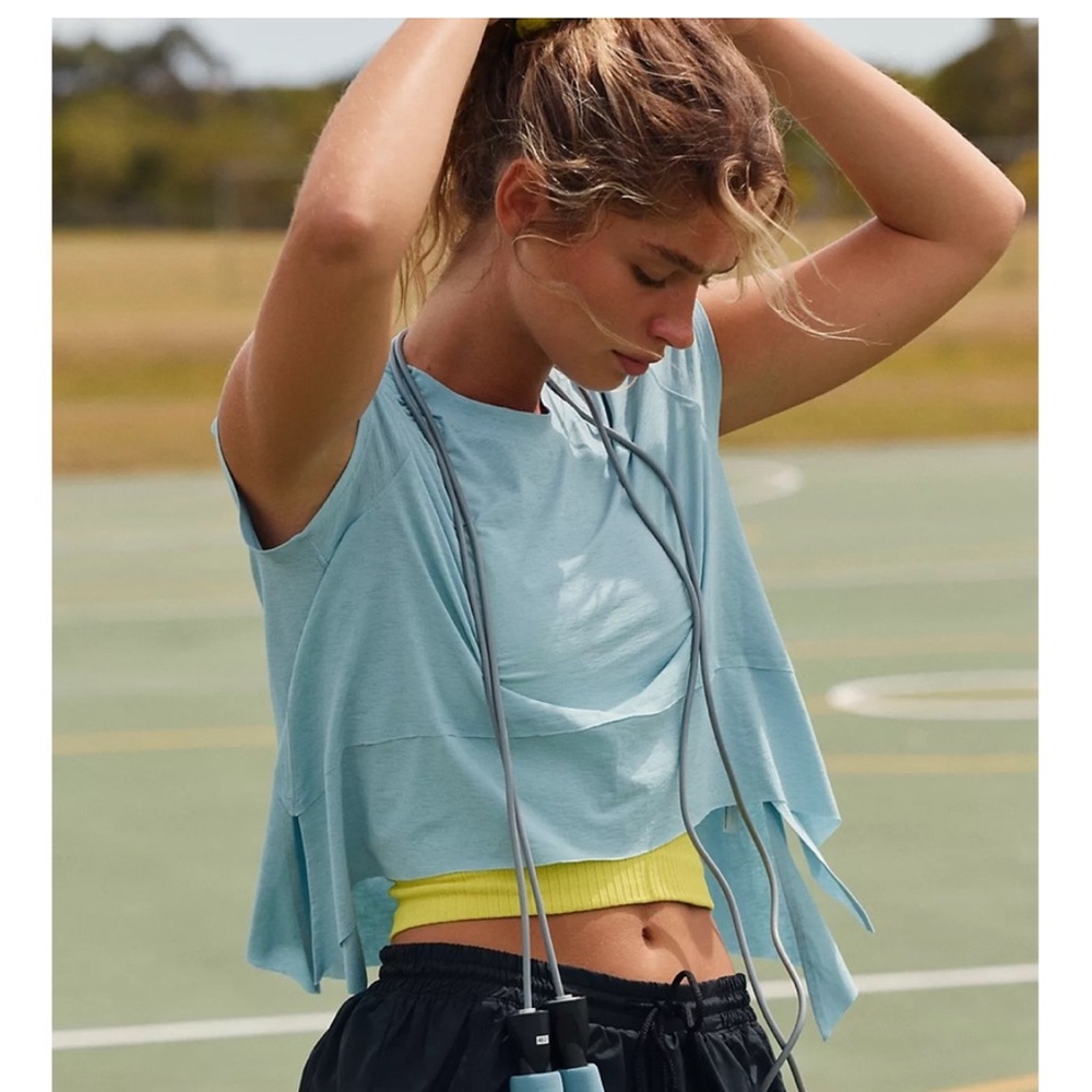 Free People Light Blue Layered Crop Top with Yellow Band